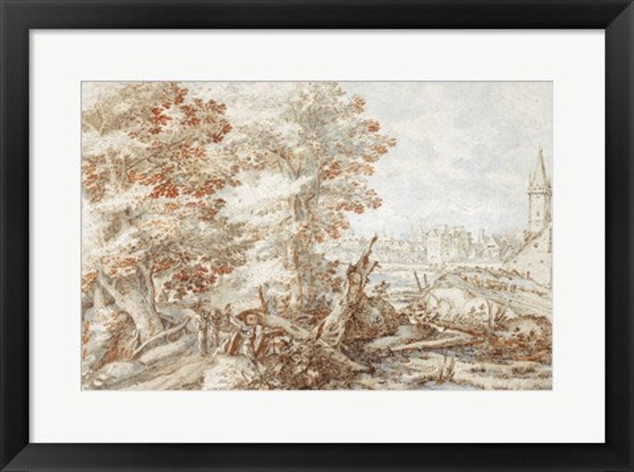 Framed Art A Wooded Landscape with Travelers by a Stream, a Town Beyond by Pieter Stevens Wall Decor 18x24 Artwork